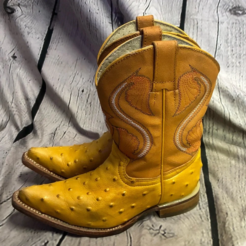 montenegro kids western ostrich print boots made in mexico yellow gold sz 6-6.5?